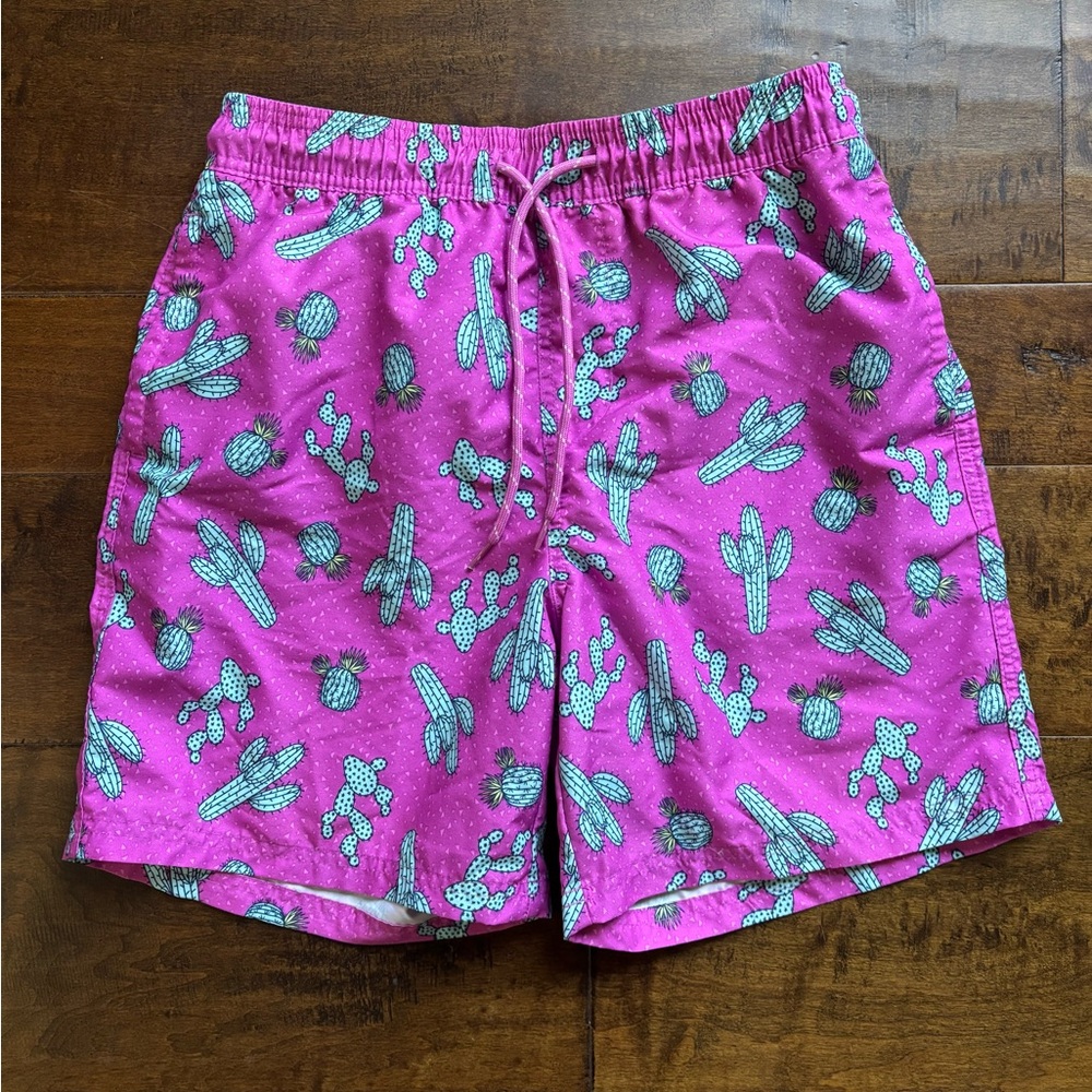 Pink Cactus Print Swim Trunks
